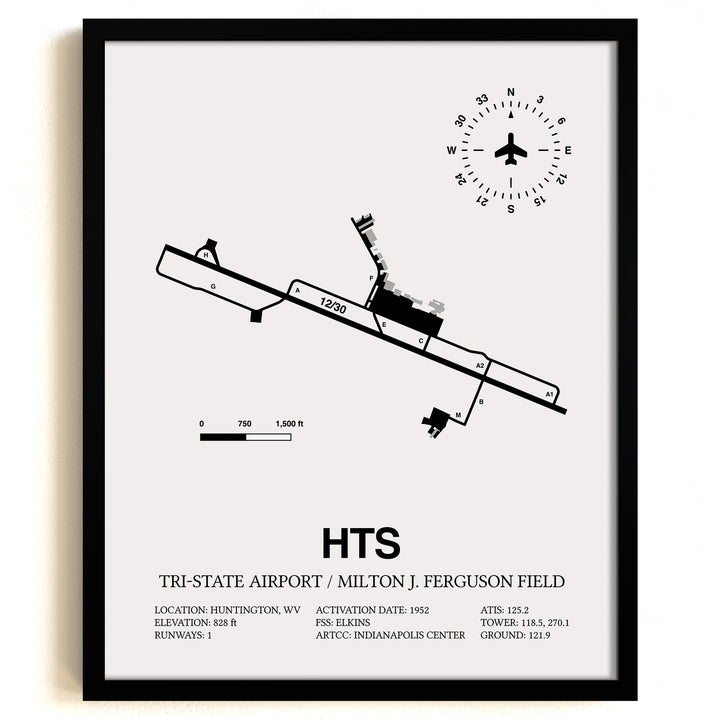 Framed Detailed Airport Map of Tri-State Airport / Milton J. Ferguson Field (HTS) in White with a Black Frame