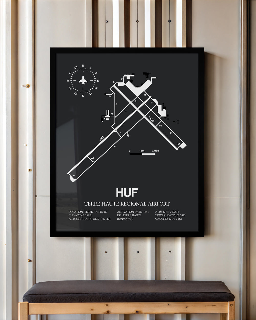 Framed Detailed Airport Map of Terre Haute Regional Airport (HUF) in Gray with a Black Frame