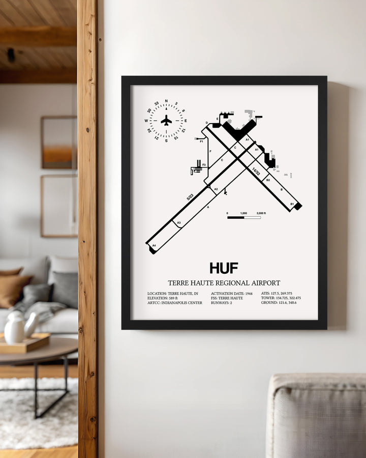 Framed Detailed Airport Map of Terre Haute Regional Airport (HUF) in White with a Black Frame