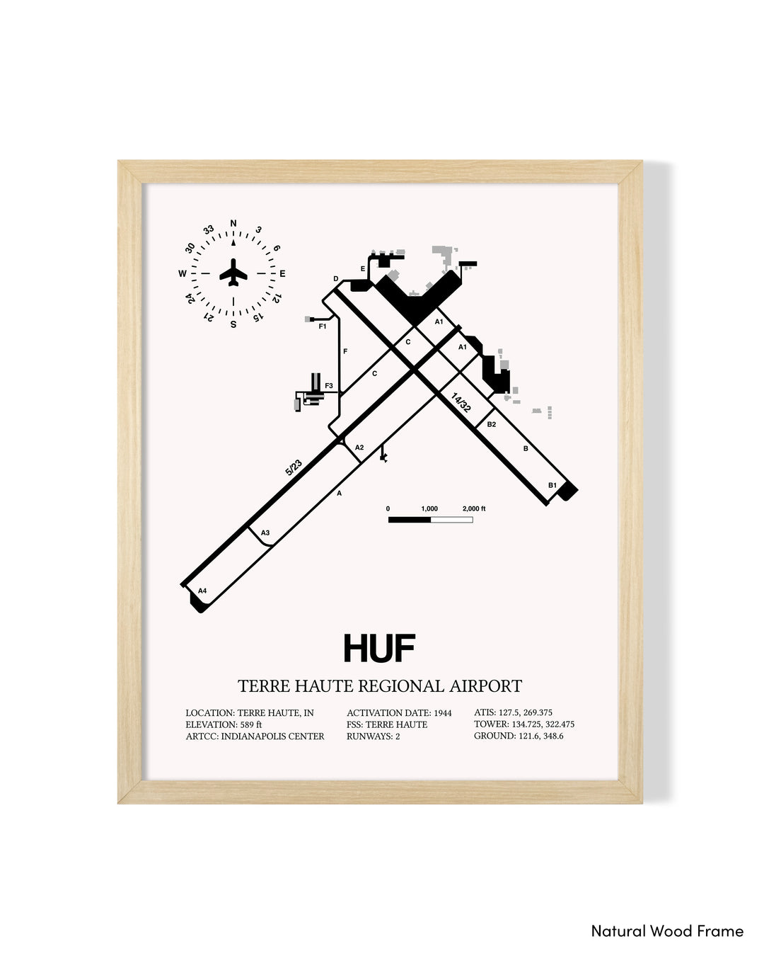 Detailed Airport Map of Terre Haute Regional Airport (HUF) in White with a Natural Frame