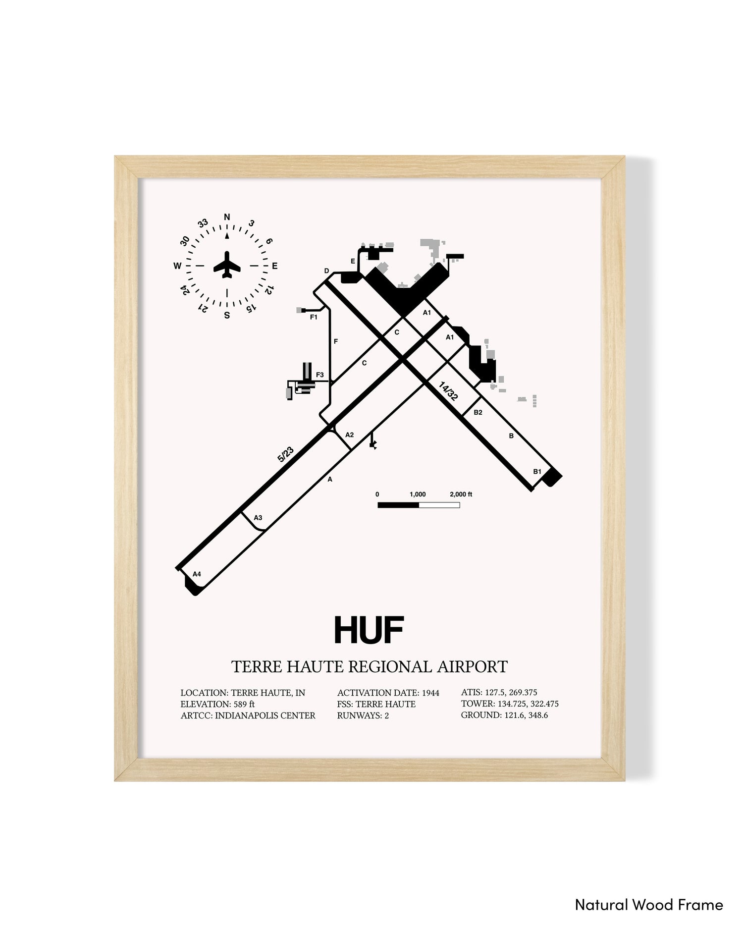Detailed Airport Map of Terre Haute Regional Airport (HUF) in White with a Natural Frame