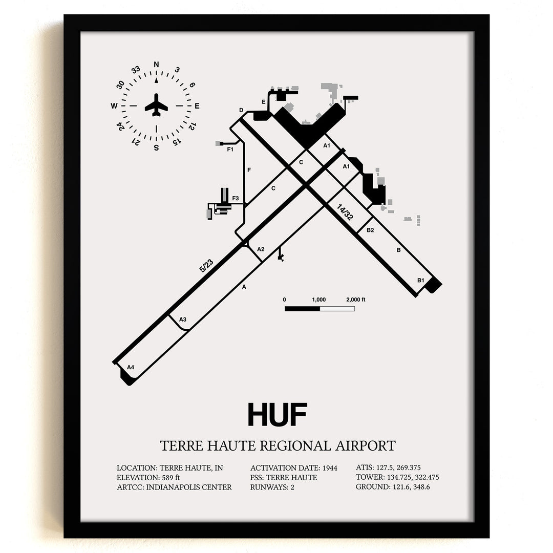 Framed Detailed Airport Map of Terre Haute Regional Airport (HUF) in White with a Black Frame