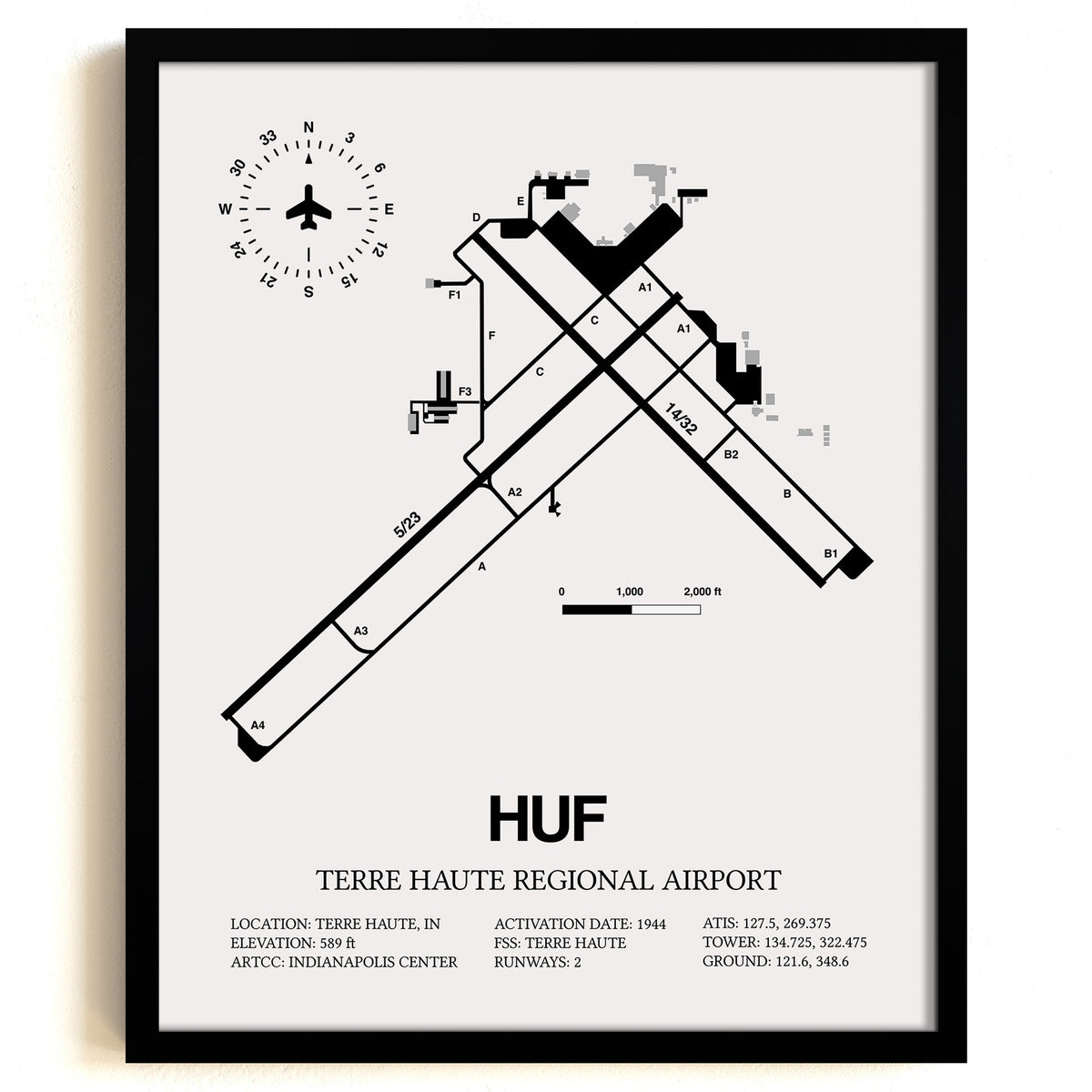 Framed Detailed Airport Map of Terre Haute Regional Airport (HUF) in White with a Black Frame