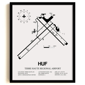 Framed Detailed Airport Map of Terre Haute Regional Airport (HUF) in White with a Black Frame