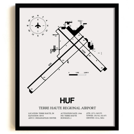 Framed Detailed Airport Map of Terre Haute Regional Airport (HUF) in White with a Black Frame