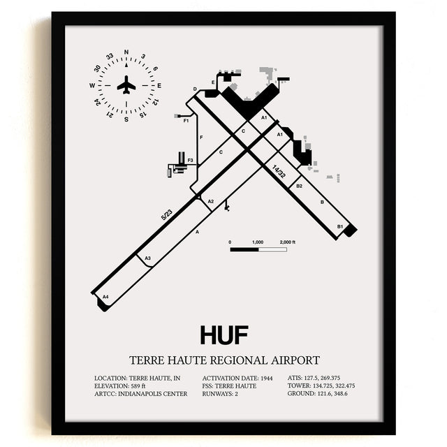 Framed Detailed Airport Map of Terre Haute Regional Airport (HUF) in White with a Black Frame