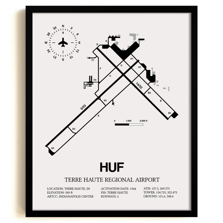 Framed Detailed Airport Map of Terre Haute Regional Airport (HUF) in White with a Black Frame