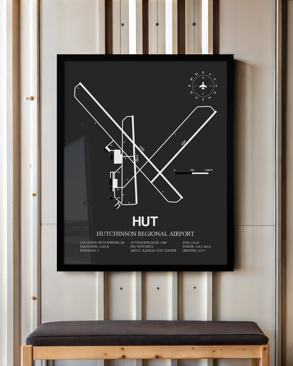 Framed Detailed Airport Map of Hutchinson Municipal Airport (HUT) in Gray with a Black Frame