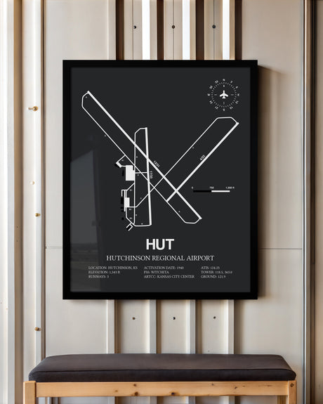 Framed Detailed Airport Map of Hutchinson Municipal Airport (HUT) in Gray with a Black Frame