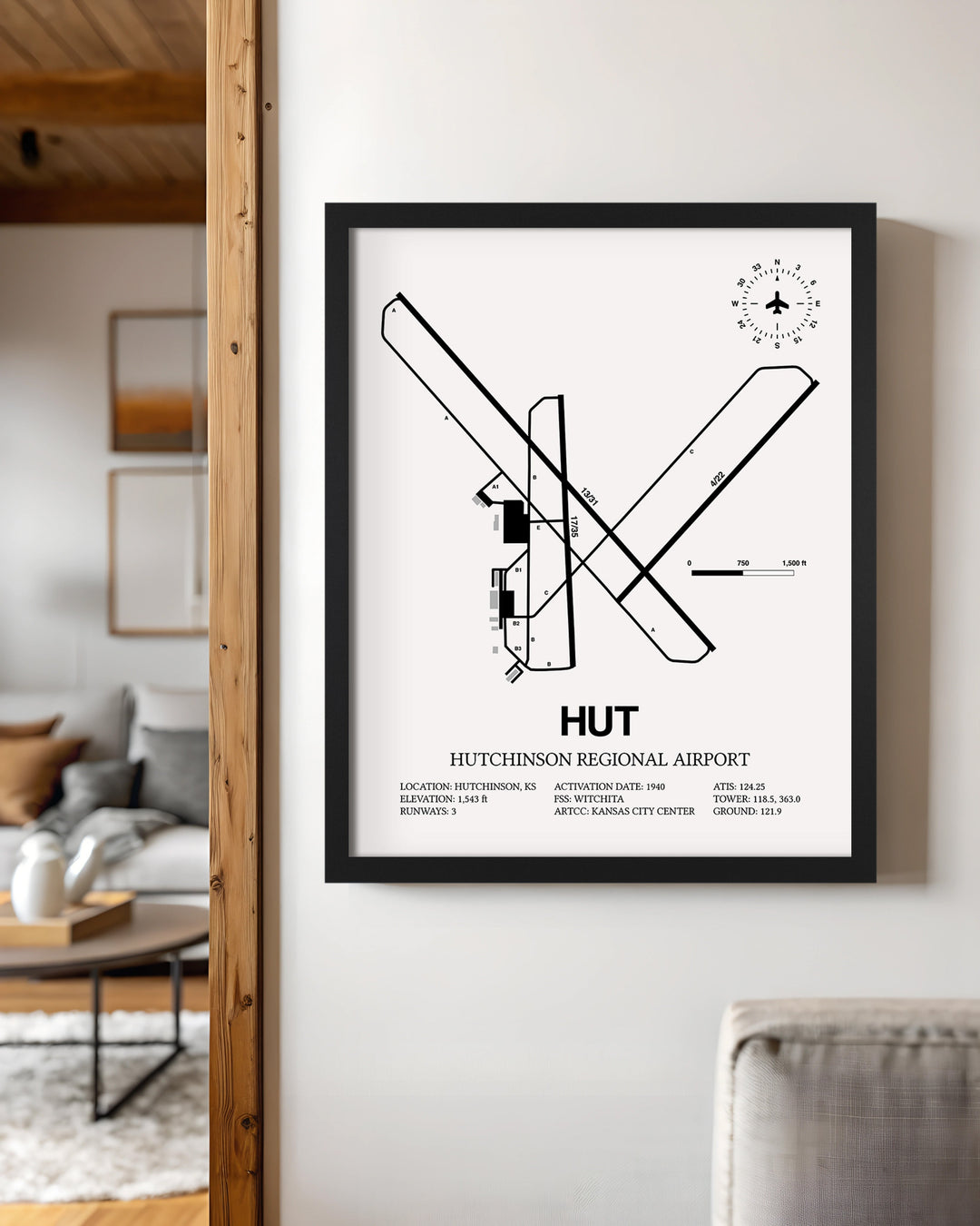 Framed Detailed Airport Map of Hutchinson Municipal Airport (HUT) in White with a Black Frame