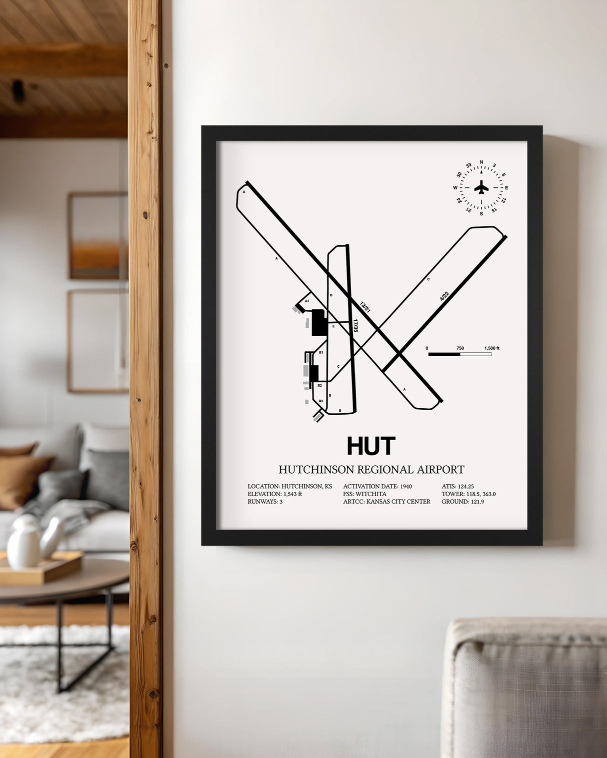 Framed Detailed Airport Map of Hutchinson Municipal Airport (HUT) in White with a Black Frame