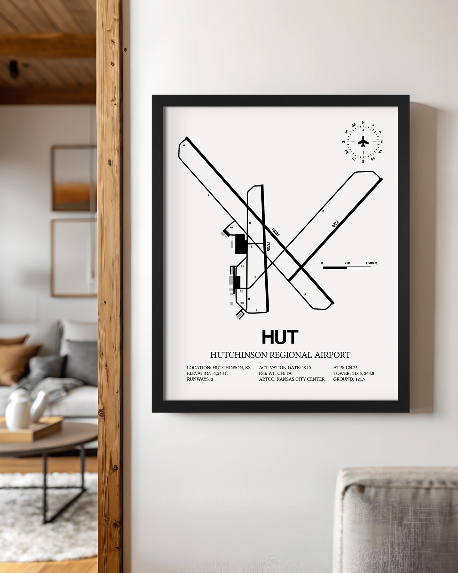 Framed Detailed Airport Map of Hutchinson Municipal Airport (HUT) in White with a Black Frame