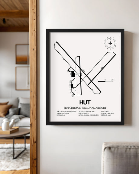 Framed Detailed Airport Map of Hutchinson Municipal Airport (HUT) in White with a Black Frame