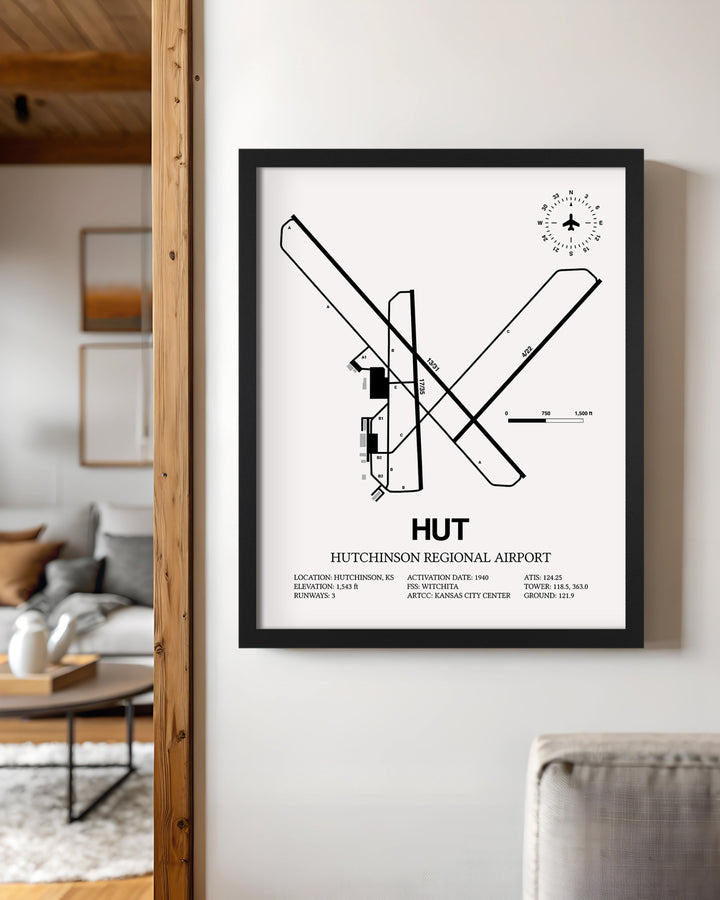 Framed Detailed Airport Map of Hutchinson Municipal Airport (HUT) in White with a Black Frame