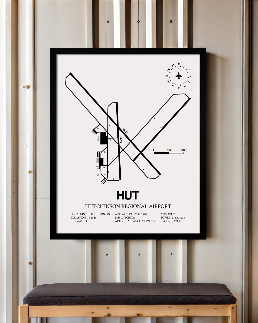 Framed Detailed Airport Map of Hutchinson Municipal Airport (HUT) in White with a Black Frame