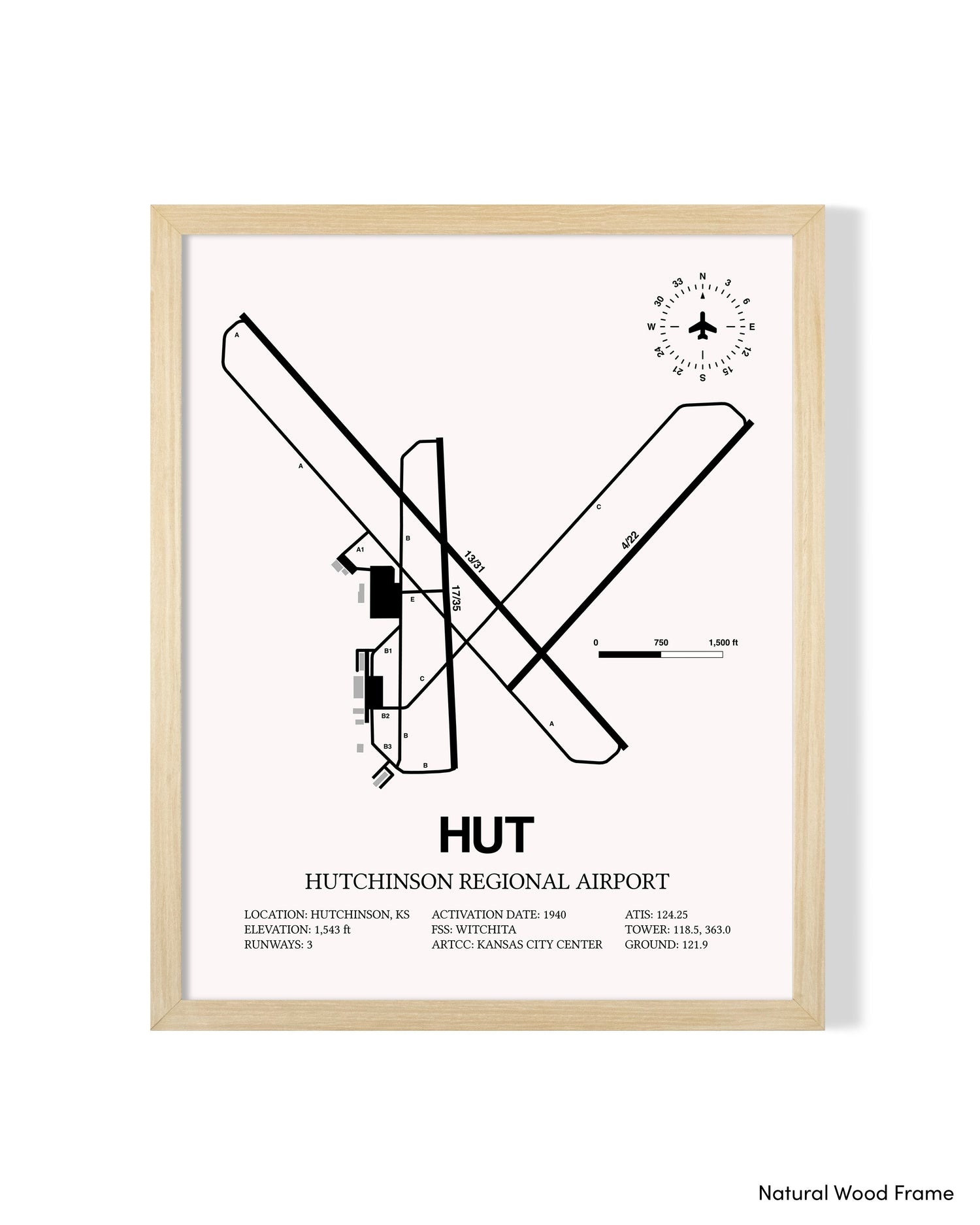 Detailed Airport Map of Hutchinson Municipal Airport (HUT) in White with a Natural Frame
