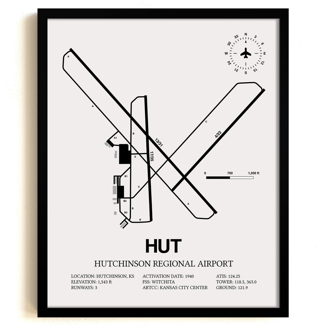 Framed Detailed Airport Map of Hutchinson Municipal Airport (HUT) in White with a Black Frame