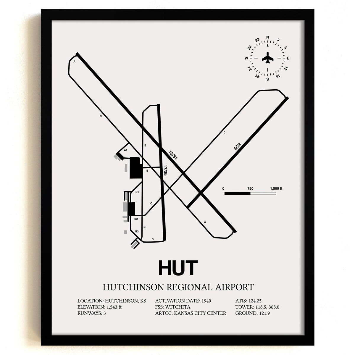 Framed Detailed Airport Map of Hutchinson Municipal Airport (HUT) in White with a Black Frame