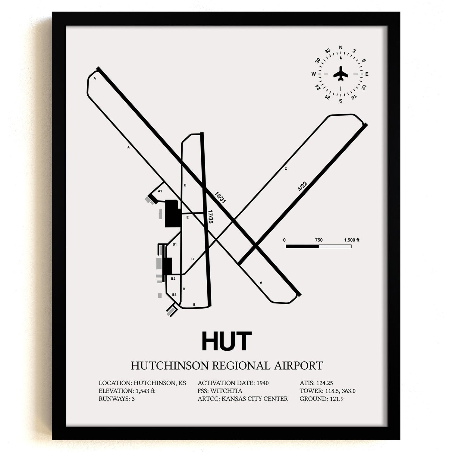 Framed Detailed Airport Map of Hutchinson Municipal Airport (HUT) in White with a Black Frame