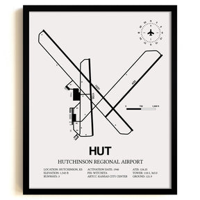 Framed Detailed Airport Map of Hutchinson Municipal Airport (HUT) in White with a Black Frame
