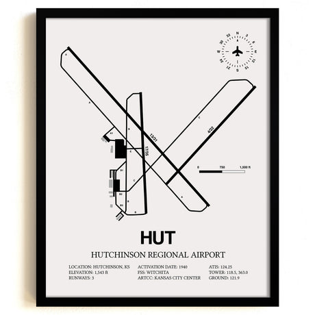 Framed Detailed Airport Map of Hutchinson Municipal Airport (HUT) in White with a Black Frame