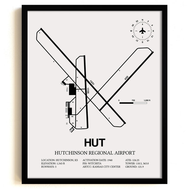 Framed Detailed Airport Map of Hutchinson Municipal Airport (HUT) in White with a Black Frame