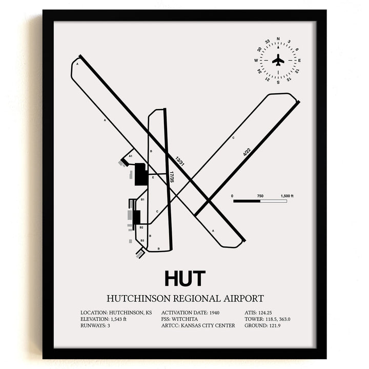 Framed Detailed Airport Map of Hutchinson Municipal Airport (HUT) in White with a Black Frame