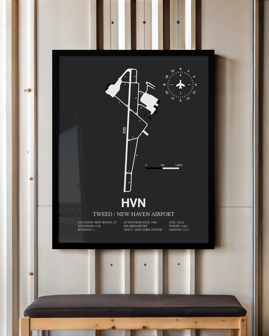 Framed Detailed Airport Map of Tweed/New Haven Airport (HVN) in Gray with a Black Frame