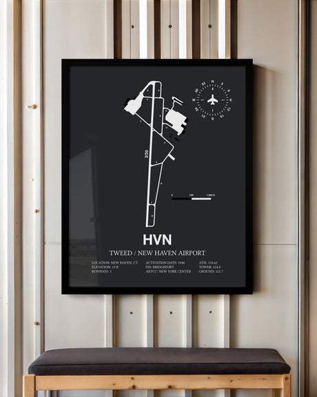 Framed Detailed Airport Map of Tweed/New Haven Airport (HVN) in Gray with a Black Frame