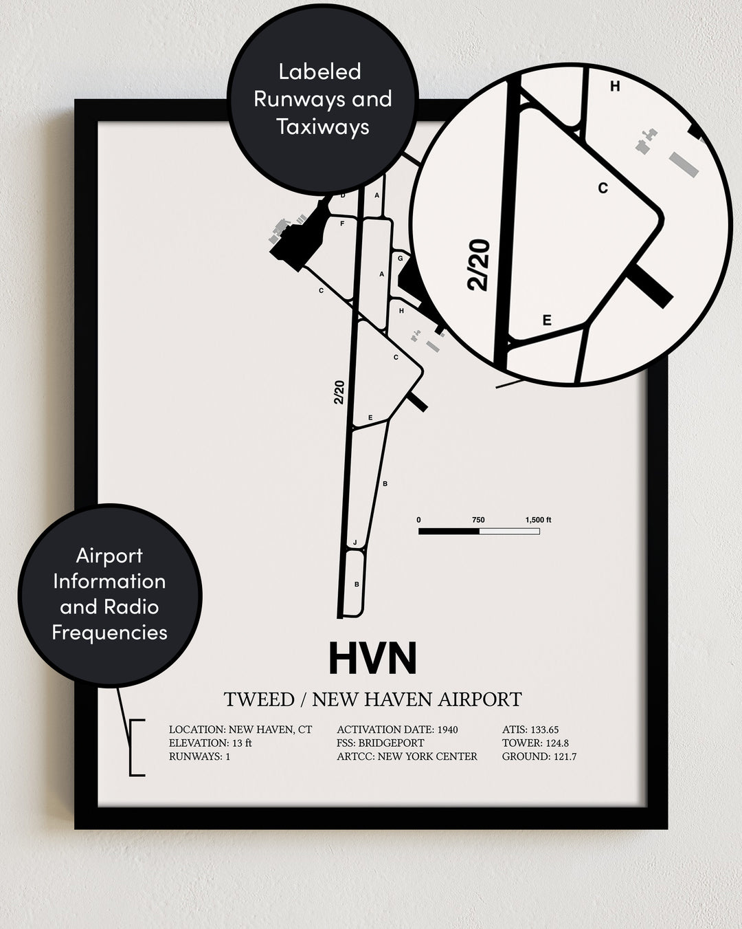 Framed Detailed Airport Map of Tweed/New Haven Airport (HVN) in White with a Black Frame