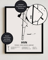 Framed Detailed Airport Map of Tweed/New Haven Airport (HVN) in White with a Black Frame