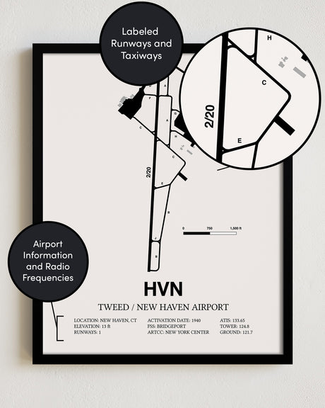Framed Detailed Airport Map of Tweed/New Haven Airport (HVN) in White with a Black Frame