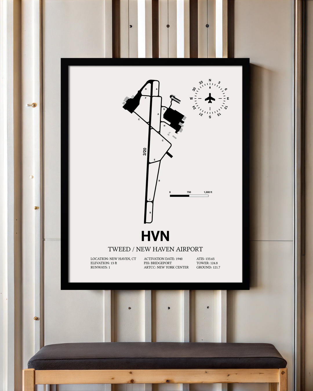 Framed Detailed Airport Map of Tweed/New Haven Airport (HVN) in White with a Black Frame