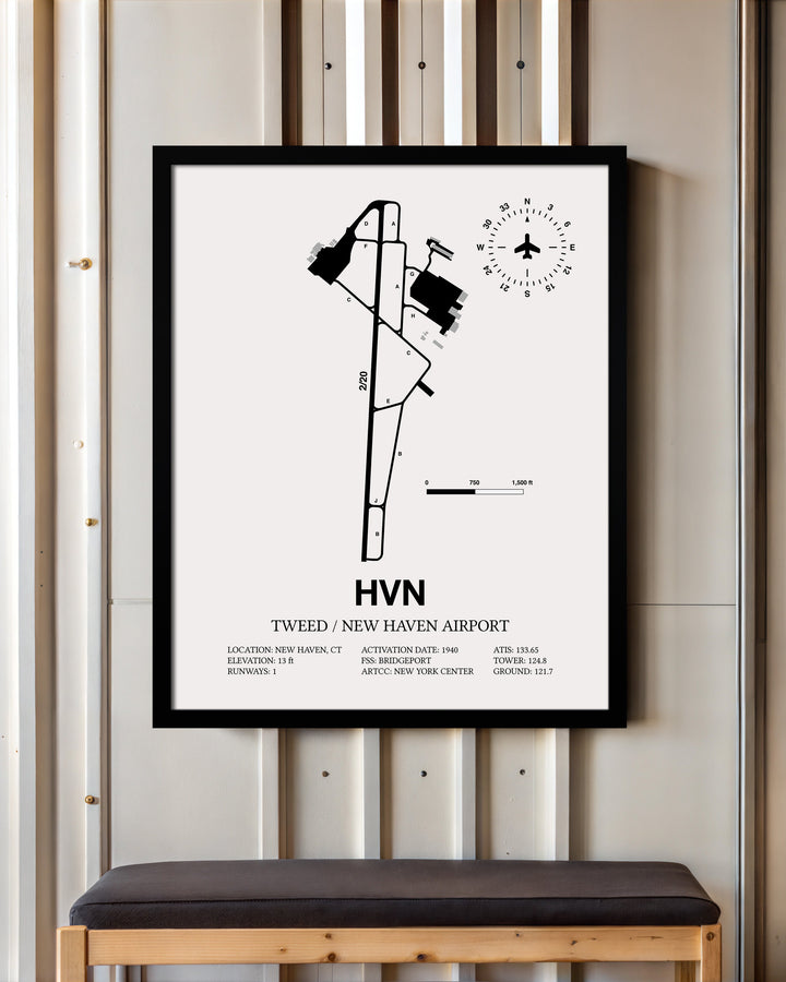 Framed Detailed Airport Map of Tweed/New Haven Airport (HVN) in White with a Black Frame