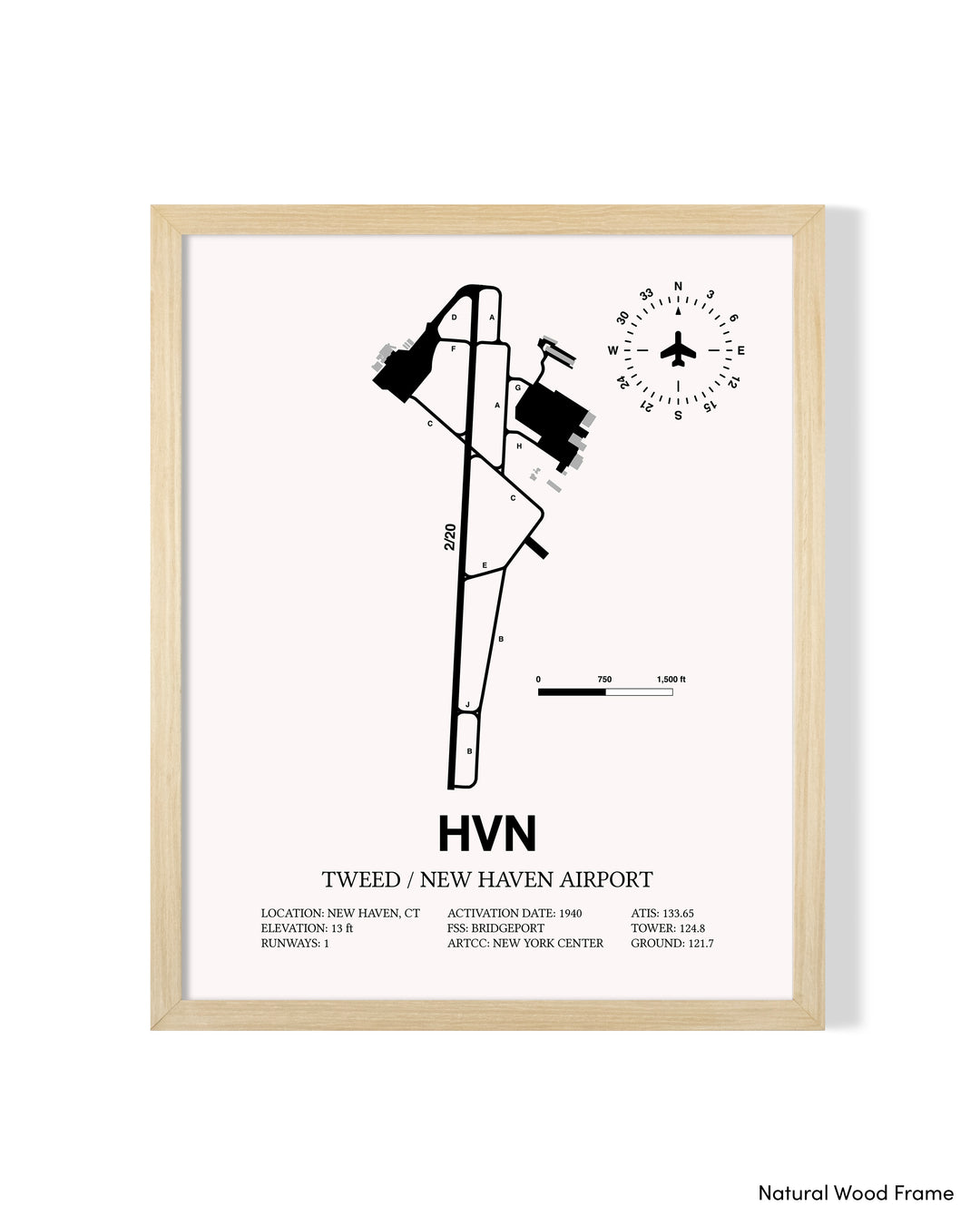 Detailed Airport Map of Tweed/New Haven Airport (HVN) in White with a Natural Frame