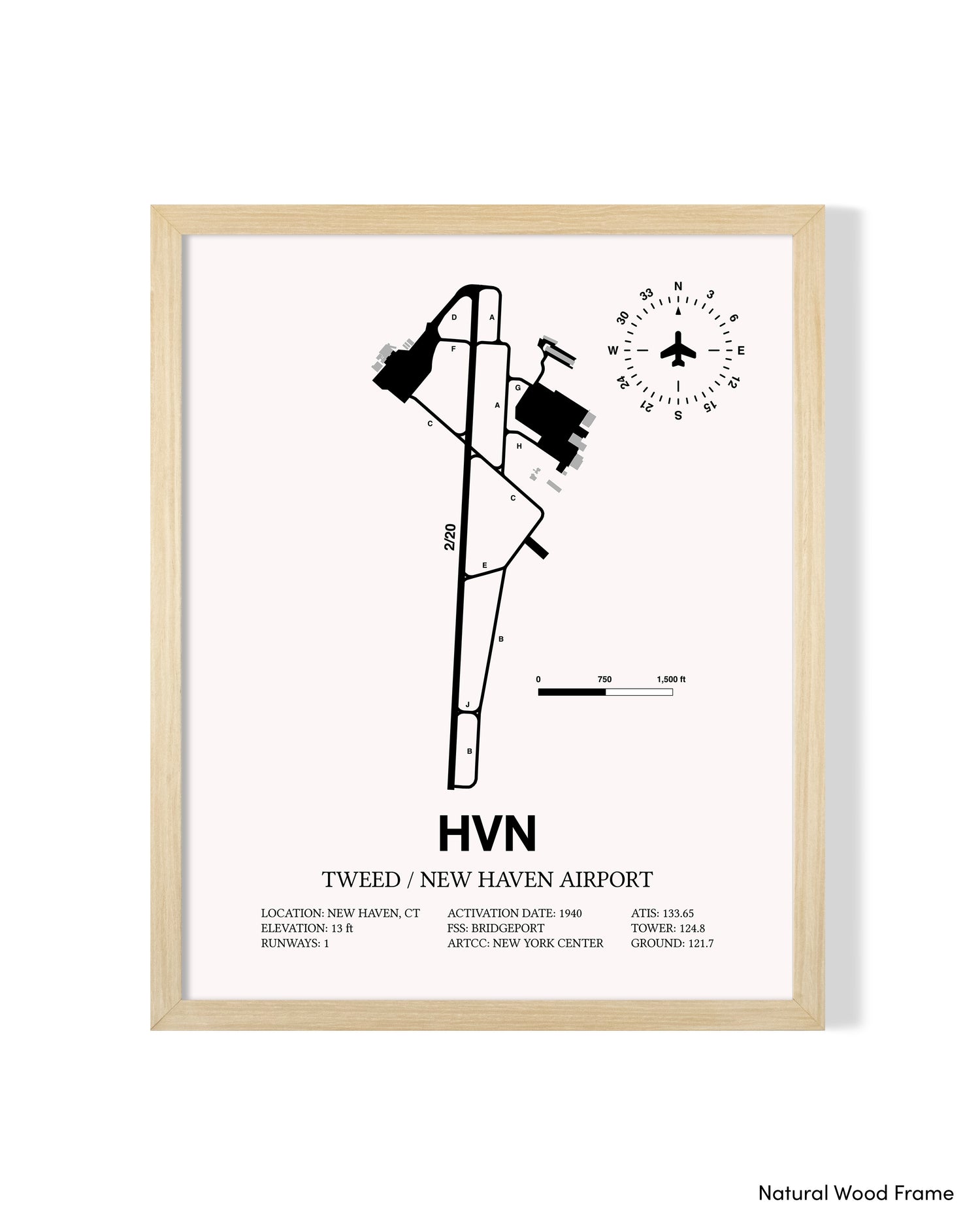 Detailed Airport Map of Tweed/New Haven Airport (HVN) in White with a Natural Frame