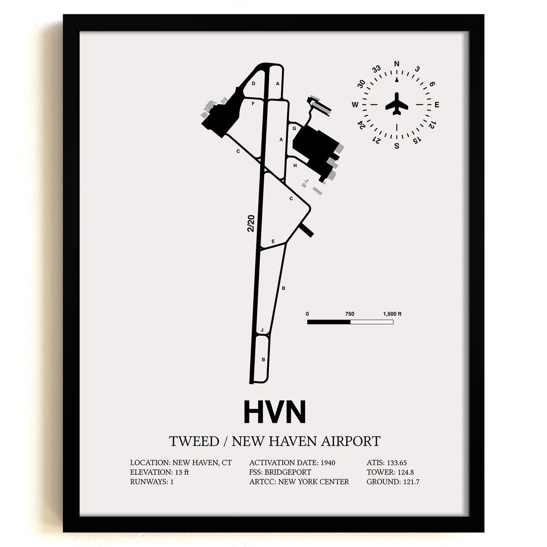 Framed Detailed Airport Map of Tweed/New Haven Airport (HVN) in White with a Black Frame