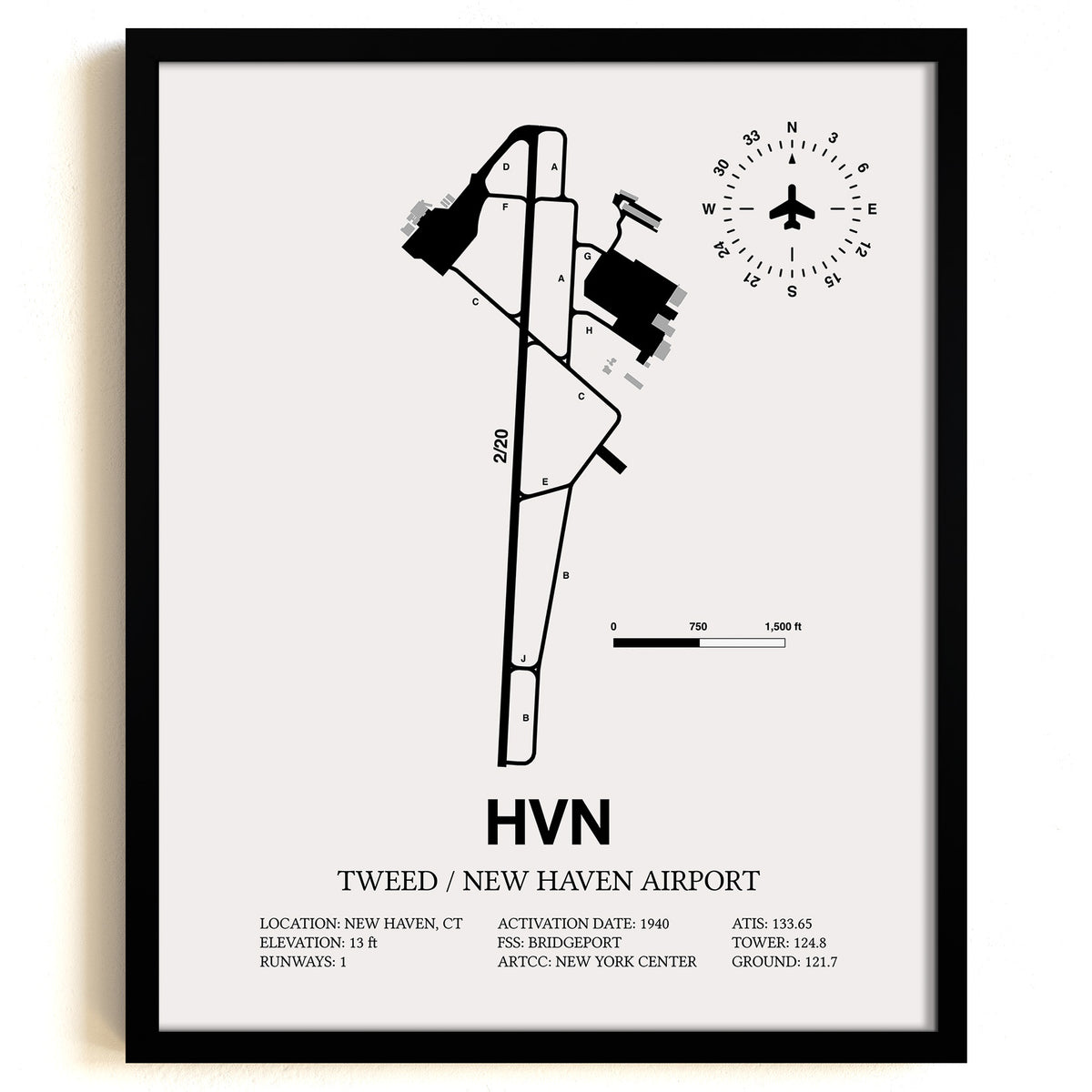 Framed Detailed Airport Map of Tweed/New Haven Airport (HVN) in White with a Black Frame