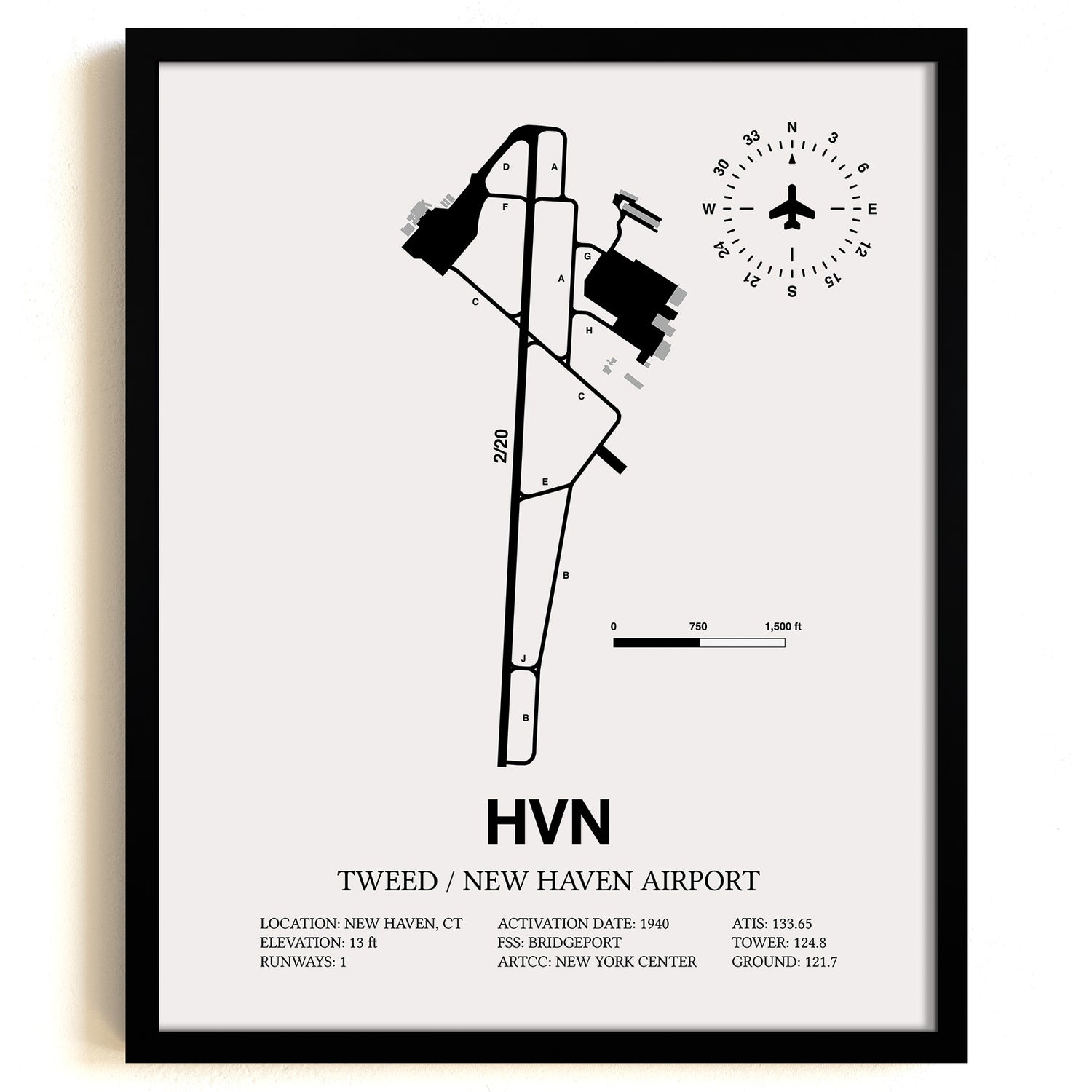 Framed Detailed Airport Map of Tweed/New Haven Airport (HVN) in White with a Black Frame