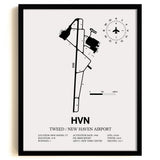 Framed Detailed Airport Map of Tweed/New Haven Airport (HVN) in White with a Black Frame