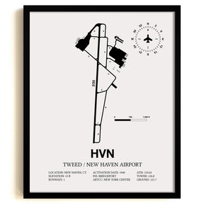 Framed Detailed Airport Map of Tweed/New Haven Airport (HVN) in White with a Black Frame