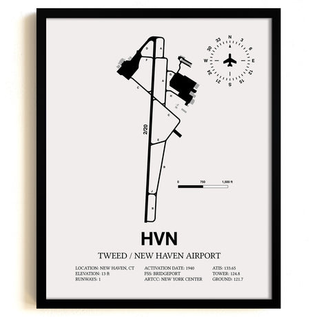 Framed Detailed Airport Map of Tweed/New Haven Airport (HVN) in White with a Black Frame