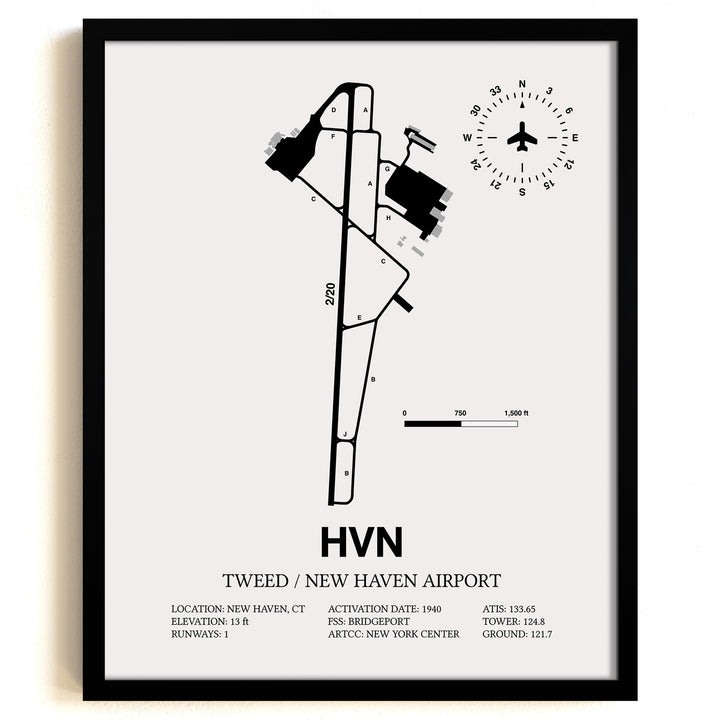 Framed Detailed Airport Map of Tweed/New Haven Airport (HVN) in White with a Black Frame