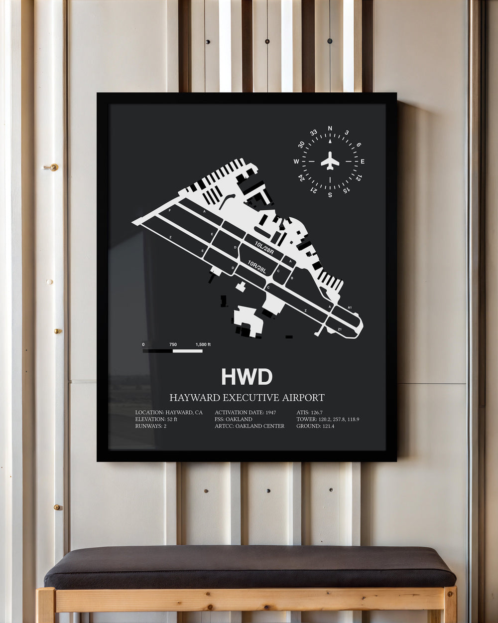 Framed Detailed Airport Map of Hayward Executive Airport (HWD) in Gray with a Black Frame