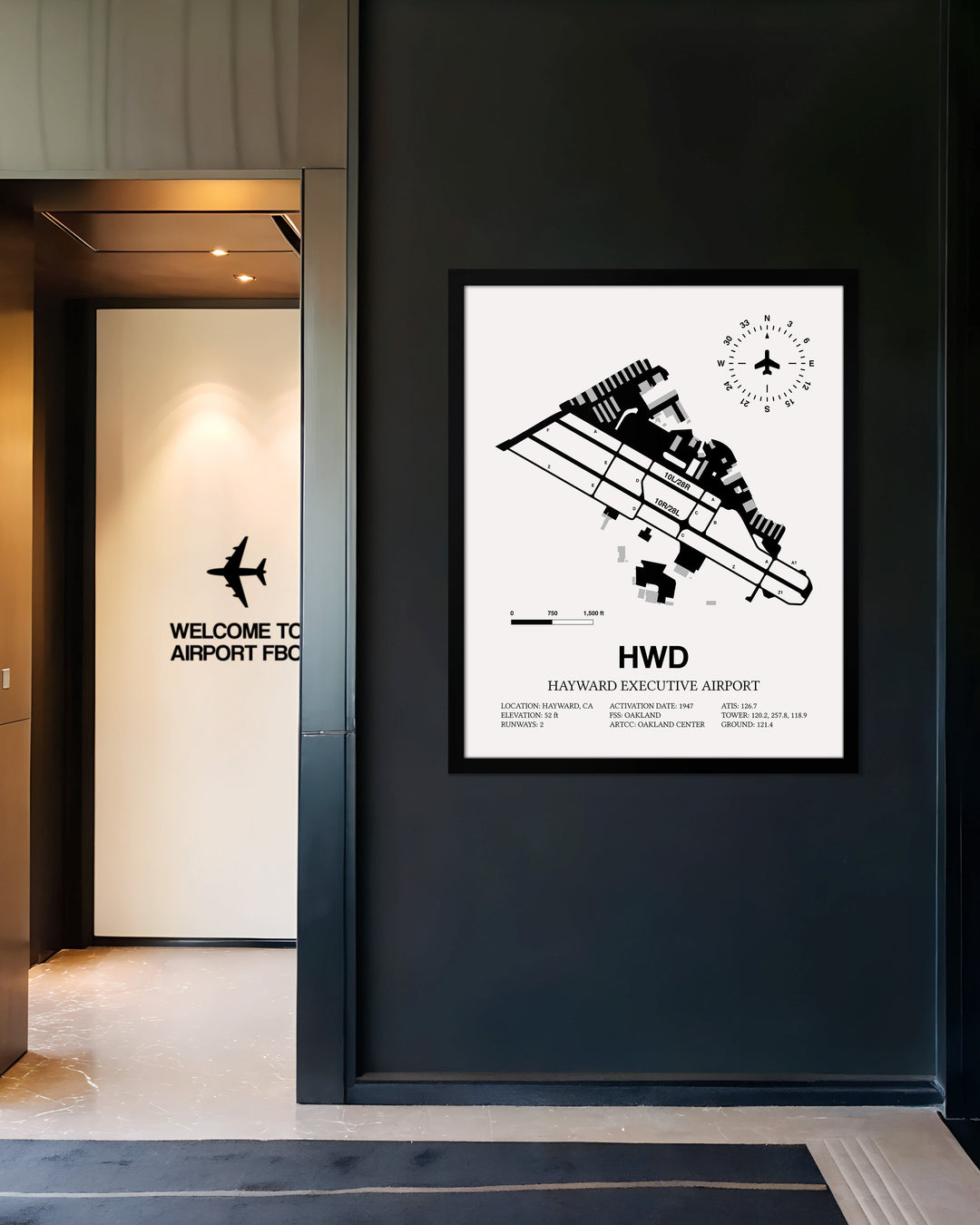 Framed Detailed Airport Map of Hayward Executive Airport (HWD) in White with a Black Frame