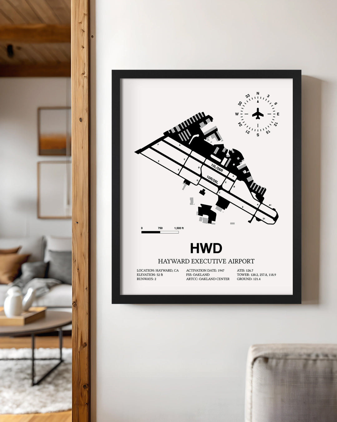 Framed Detailed Airport Map of Hayward Executive Airport (HWD) in White with a Black Frame