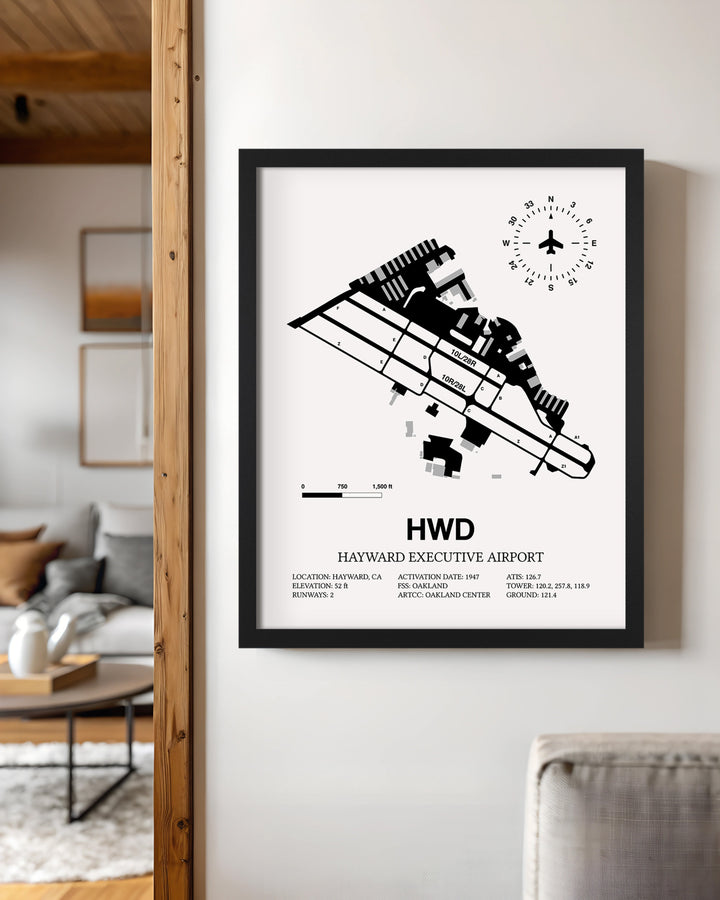 Framed Detailed Airport Map of Hayward Executive Airport (HWD) in White with a Black Frame