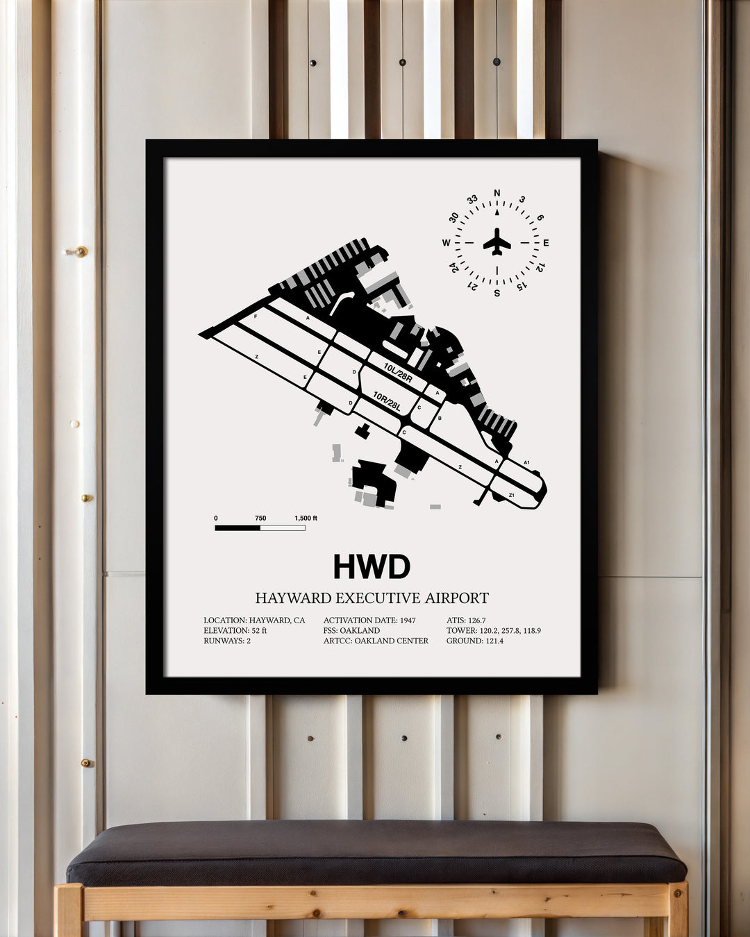 Framed Detailed Airport Map of Hayward Executive Airport (HWD) in White with a Black Frame