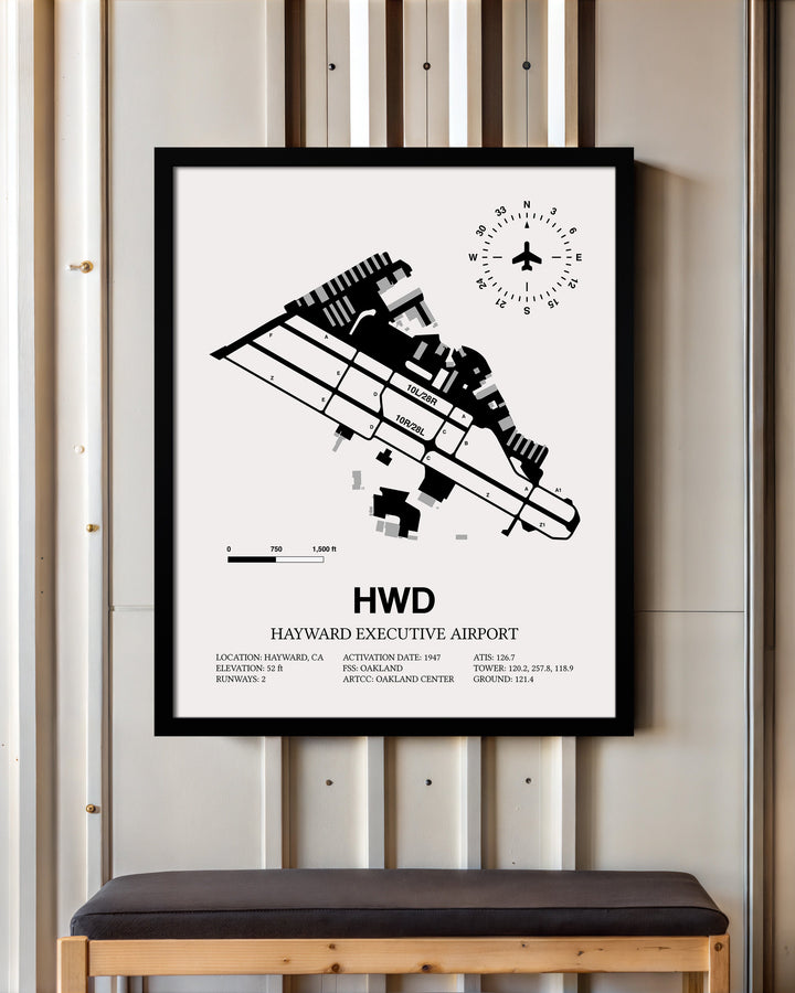 Framed Detailed Airport Map of Hayward Executive Airport (HWD) in White with a Black Frame
