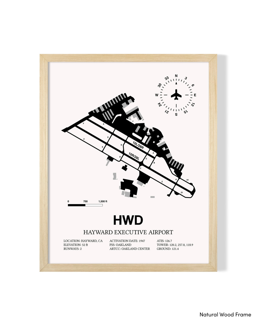Detailed Airport Map of Hayward Executive Airport (HWD) in White with a Natural Frame